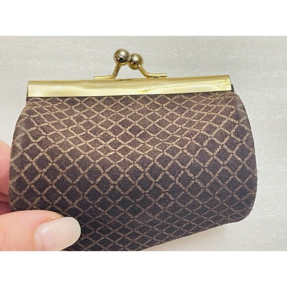VTG Italian Suede Leather Coin Purse Kiss Lock Gold Hardware Brown Geometric - Picture 4 of 11